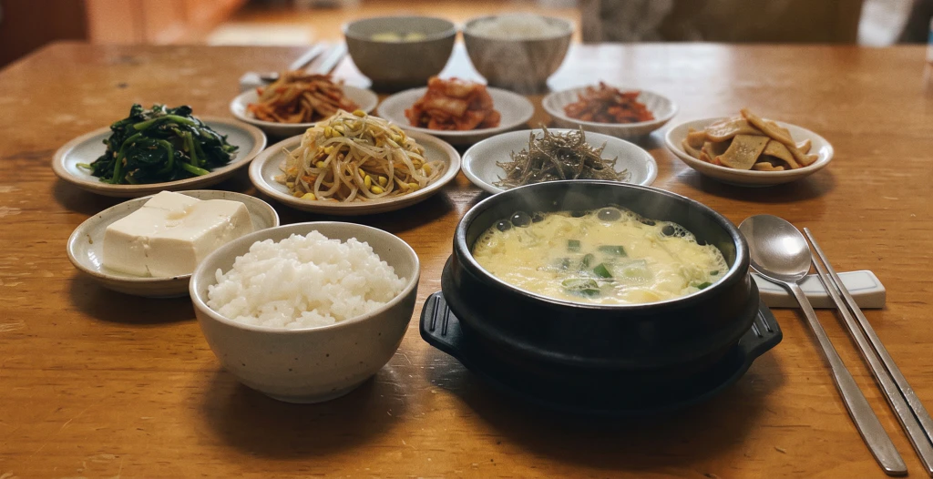 밥과 두부, 계란찜, 채소 반찬이 차려진 식탁