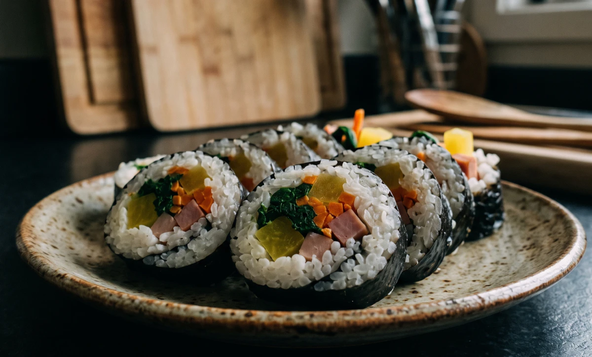 냉장 보관으로 딱딱하게 굳어버린 김밥의 단면